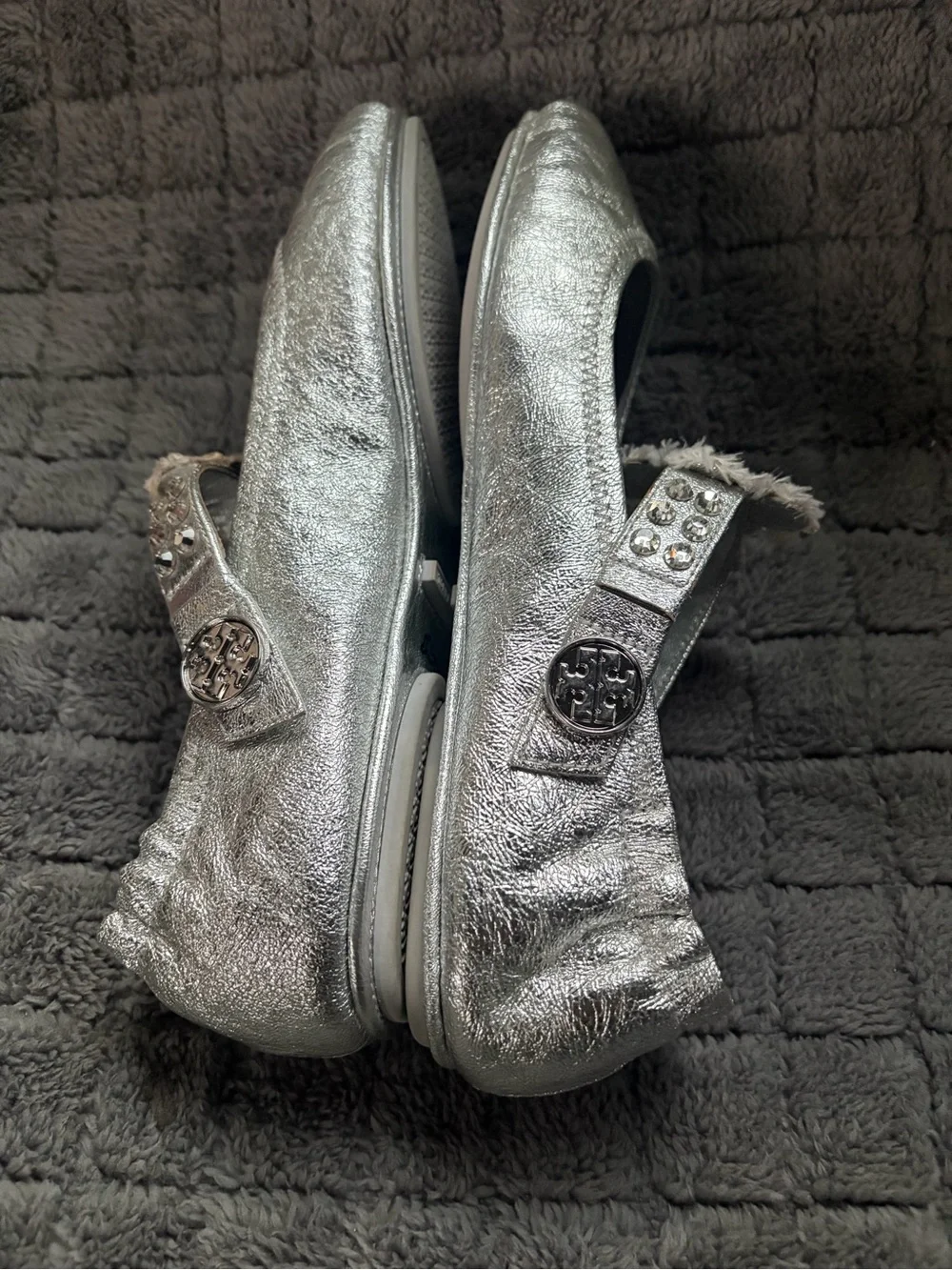 Tory Burch Silver Metallic Jeweled Ballet Flats